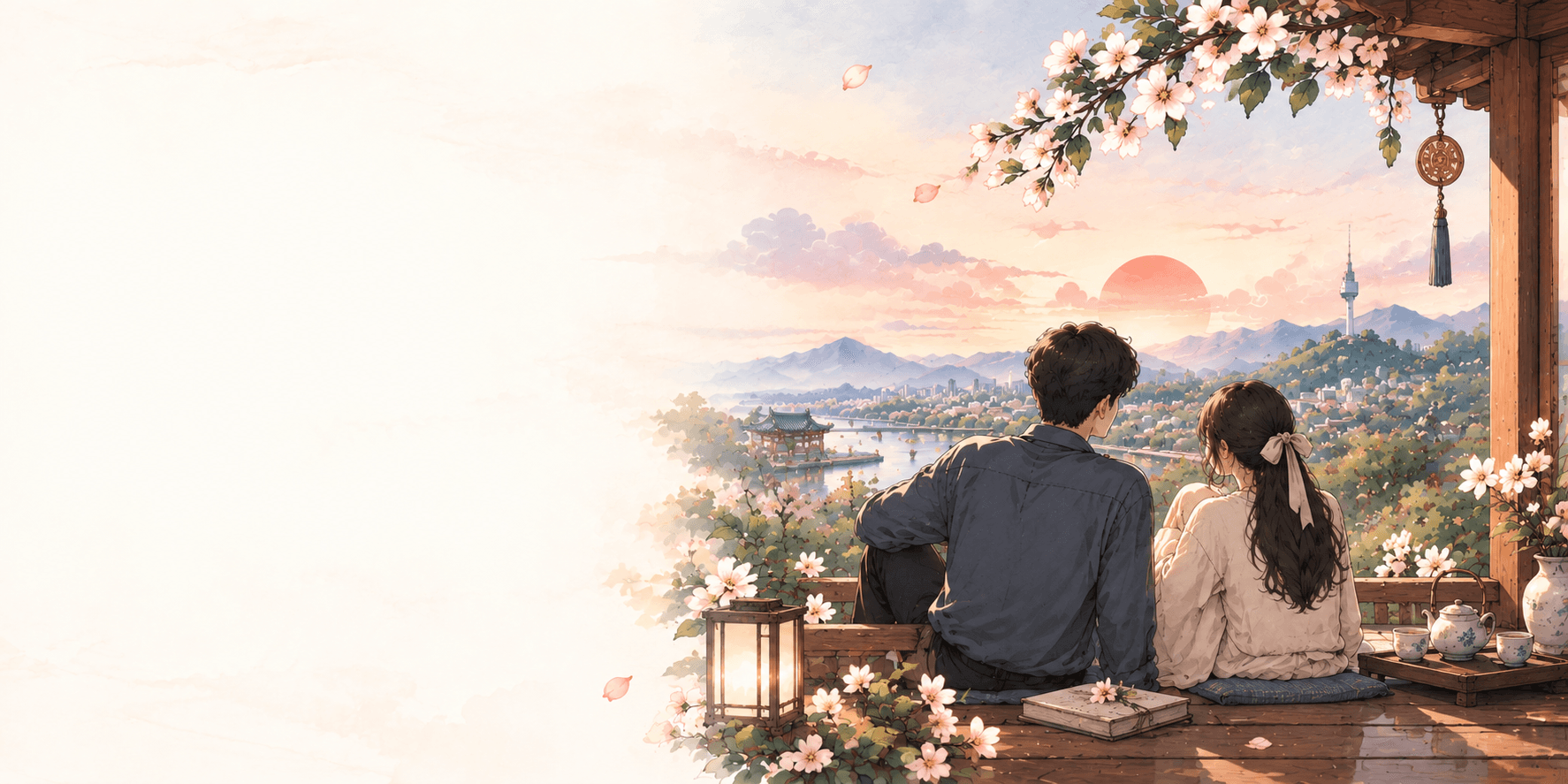 Two people in conversation overlooking Seoul