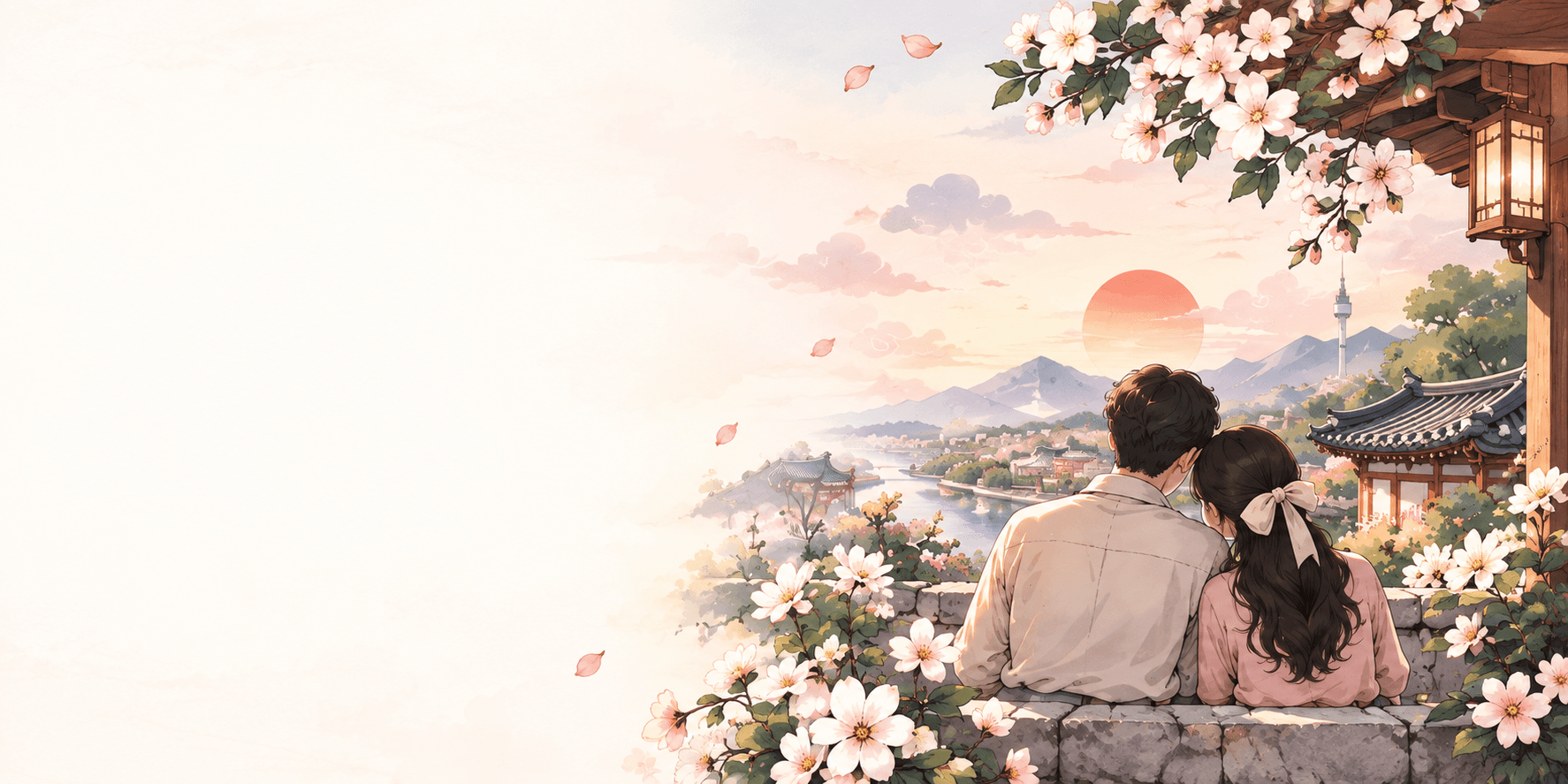 A couple looking over Seoul among spring blossoms