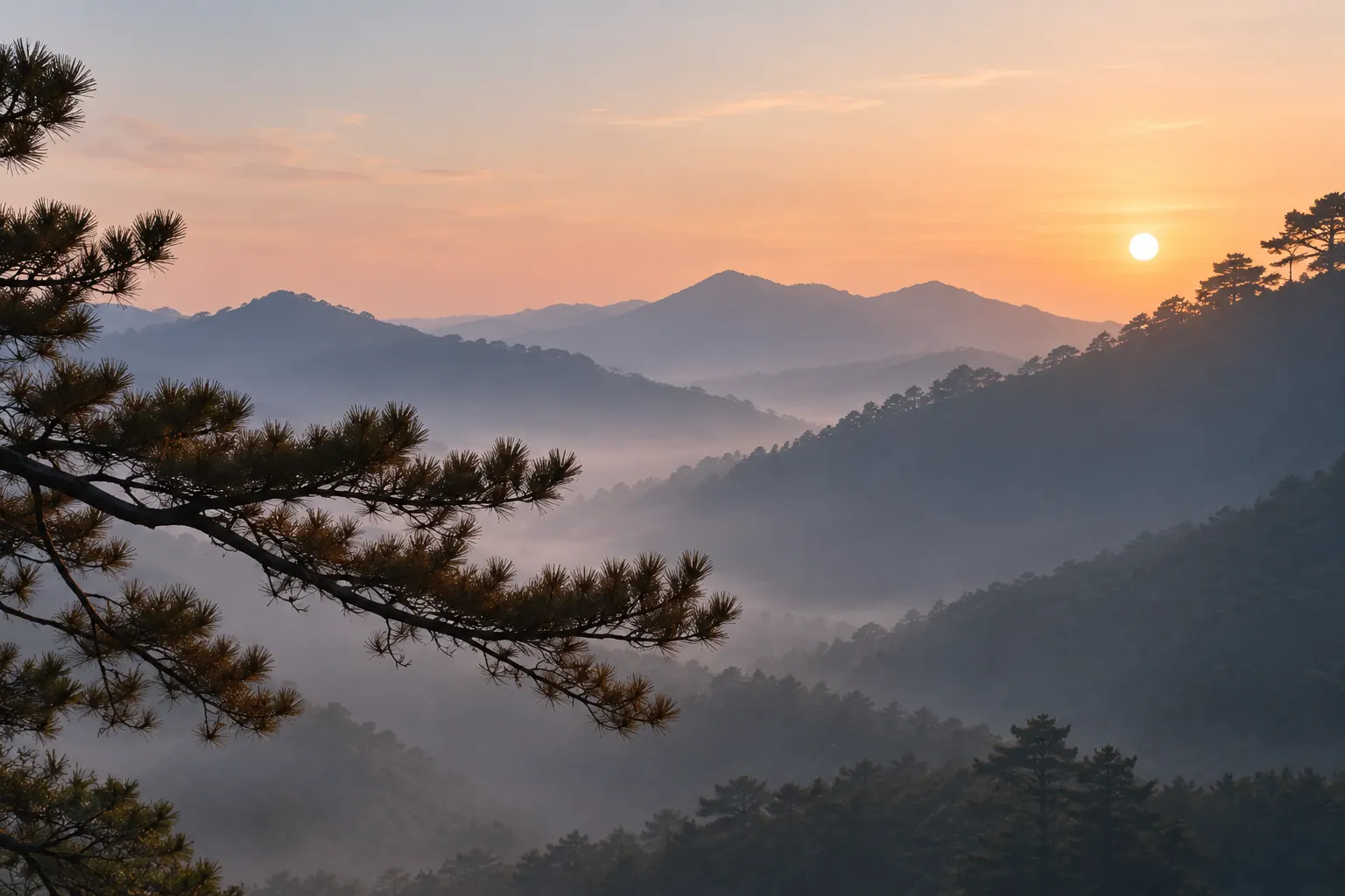Sunset over layered Korean mountains and pine trees