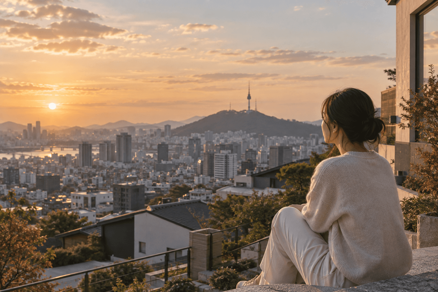 Seoul at golden hour with Namsan Tower in the distance